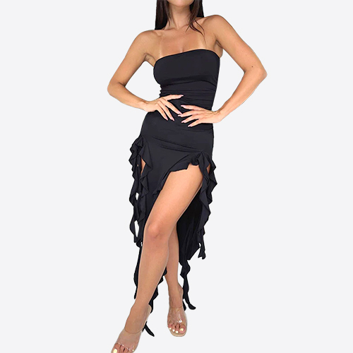 Summer off Shoulder Solid Color Irregular Dresses Women Casual Sexy Ruffle Dress Long