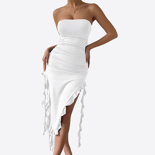 Summer off Shoulder Solid Color Irregular Dresses Women Casual Sexy Ruffle Dress Long