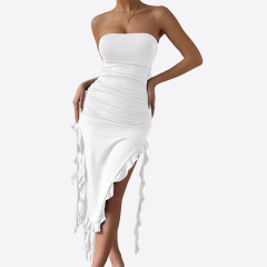 Summer off Shoulder Solid Color Irregular Dresses Women Casual Sexy Ruffle Dress Long