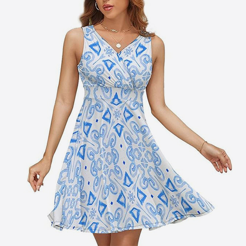 Women's Sleeveless V-Neck Dress Pattern Patchwork Summer Fashion Dress Fashionable Sleeveless Dress