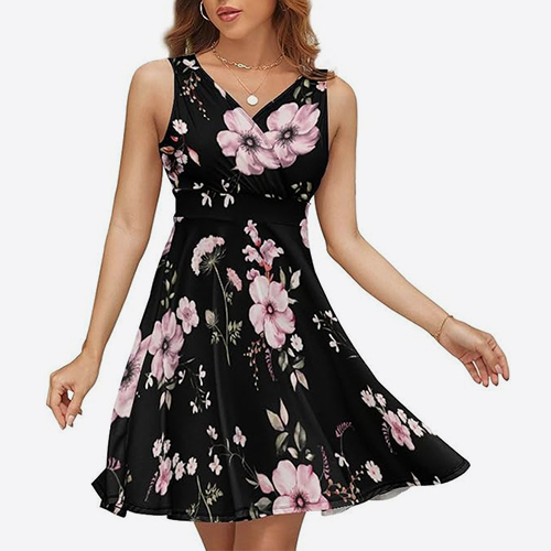 Women's Sleeveless V-Neck Dress Pattern Patchwork Summer Fashion Dress Fashionable Sleeveless Dress