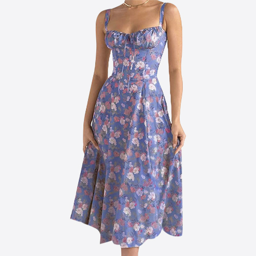 Women's Print Bustier Sundress, Floral Sexy Slit Long Corset Dress for Women Summer Beach Strap Sundress