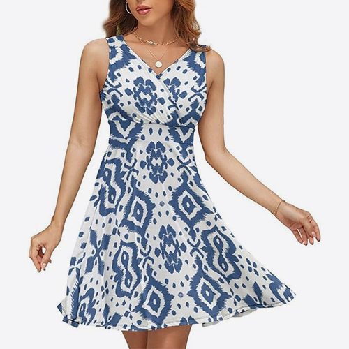 Women's Sleeveless V-Neck Dress Pattern Patchwork Summer Fashion Dress Fashionable Sleeveless Dress