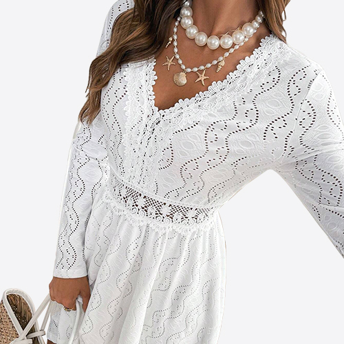 2025 Elegant Women's Solid Color Lace Patchwork Mini Holiday Dress Scallop Edge Sundress