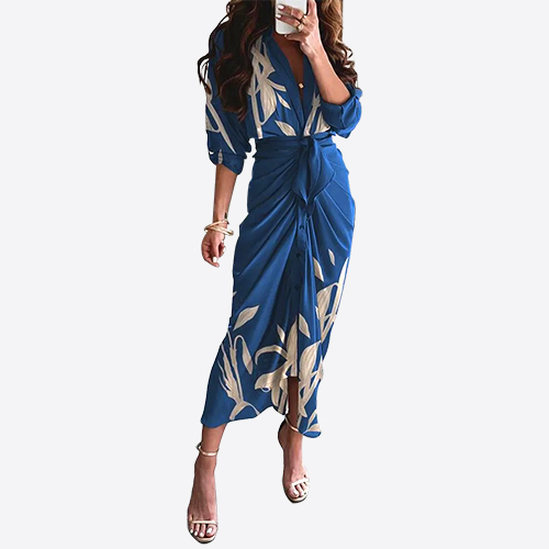 Women Summer Sexy Leaf Pattern Print Tied Detail Ruched Shirt Dress