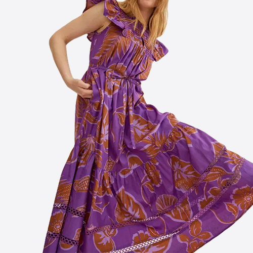 Ladies New Fashion Ruffles Neck Sleeveless Allover Printed Tiered Maxi Long Dress for Women