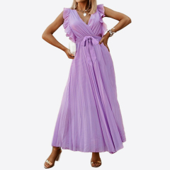 Europe and The United States Temperament Beach Long Dress Fashion Slim Sexy Lotus Sleeve Chiffon Pleated Skirt Solid