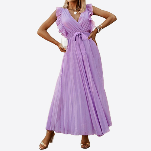 Europe and The United States Temperament Beach Long Dress Fashion Slim Sexy Lotus Sleeve Chiffon Pleated Skirt Solid