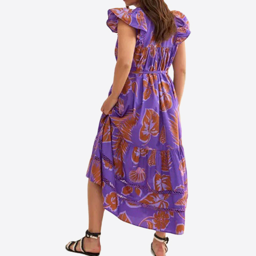 Ladies New Fashion Ruffles Neck Sleeveless Allover Printed Tiered Maxi Long Dress for Women