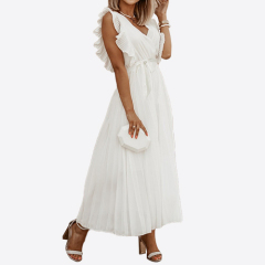 Europe and The United States Temperament Beach Long Dress Fashion Slim Sexy Lotus Sleeve Chiffon Pleated Skirt Solid