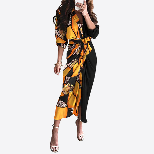 Women Summer Sexy Leaf Pattern Print Tied Detail Ruched Shirt Dress