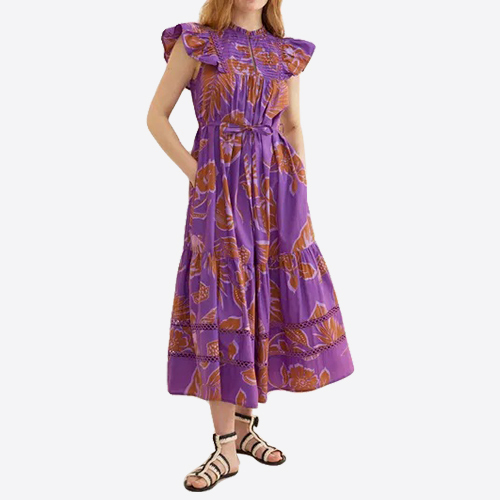 Ladies New Fashion Ruffles Neck Sleeveless Allover Printed Tiered Maxi Long Dress for Women