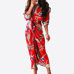 Women Summer Sexy Leaf Pattern Print Tied Detail Ruched Shirt Dress