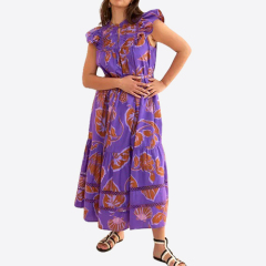 Ladies New Fashion Ruffles Neck Sleeveless Allover Printed Tiered Maxi Long Dress for Women