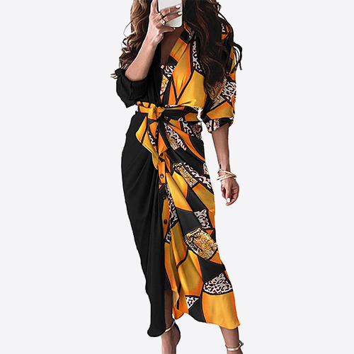Women Summer Sexy Leaf Pattern Print Tied Detail Ruched Shirt Dress