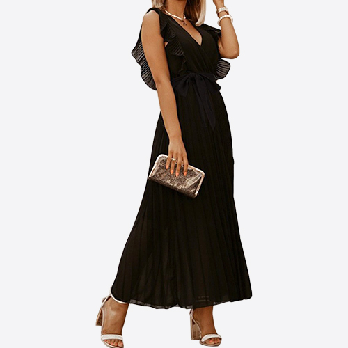 Europe and The United States Temperament Beach Long Dress Fashion Slim Sexy Lotus Sleeve Chiffon Pleated Skirt Solid