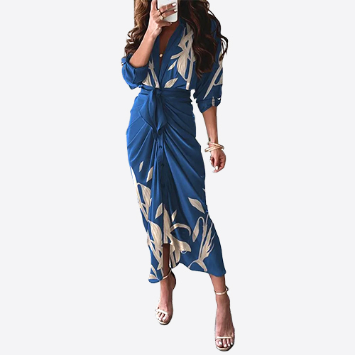 Women Summer Sexy Leaf Pattern Print Tied Detail Ruched Shirt Dress