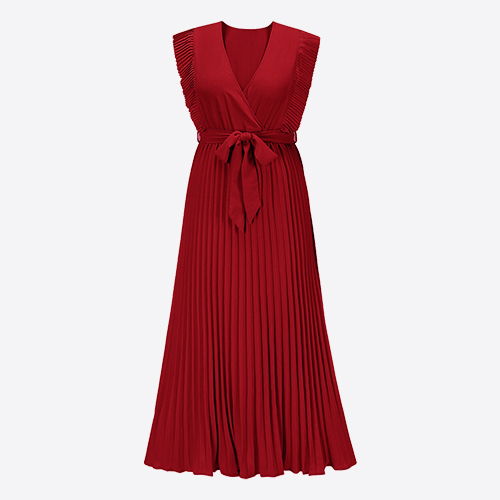 Europe and The United States Temperament Beach Long Dress Fashion Slim Sexy Lotus Sleeve Chiffon Pleated Skirt Solid