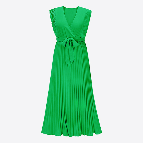 Europe and The United States Temperament Beach Long Dress Fashion Slim Sexy Lotus Sleeve Chiffon Pleated Skirt Solid