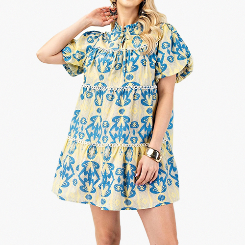 2025 Summer New Europe and The United States Round Neck Printed Irregular Bubble Sleeve Undershirt Dress