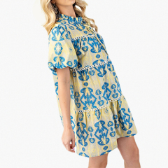2025 Summer New Europe and The United States Round Neck Printed Irregular Bubble Sleeve Undershirt Dress