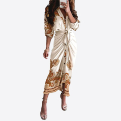 Women Summer Sexy Leaf Pattern Print Tied Detail Ruched Shirt Dress