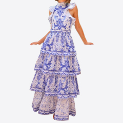 2025 Summer Party Dress Women's Fashion Bohemian Porcelain Printed Sleeveless Cascading Ruffles Elegant Luxury Long