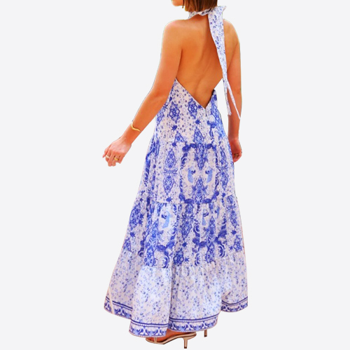 2025 Summer Party Dress Women's Fashion Bohemian Porcelain Printed Sleeveless Cascading Ruffles Elegant Luxury Long