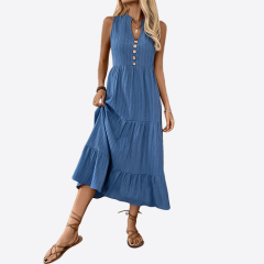 Womens Summer Casual Sleeveless Dress Solid Button Up Maxi Dress Elegant Tiered Flowy Long Dress Boho Midi Dress