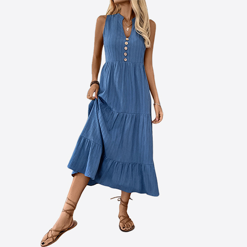 Womens Summer Casual Sleeveless Dress Solid Button Up Maxi Dress Elegant Tiered Flowy Long Dress Boho Midi Dress