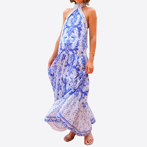 2025 Summer Party Dress Women's Fashion Bohemian Porcelain Printed Sleeveless Cascading Ruffles Elegant Luxury Long