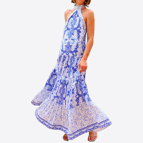 2025 Summer Party Dress Women's Fashion Bohemian Porcelain Printed Sleeveless Cascading Ruffles Elegant Luxury Long