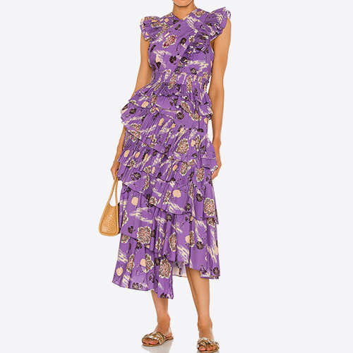 Europe and The United States Modern Casual Summer V-Neck Sleeveless Ruffled Printed Mini Long Dresses