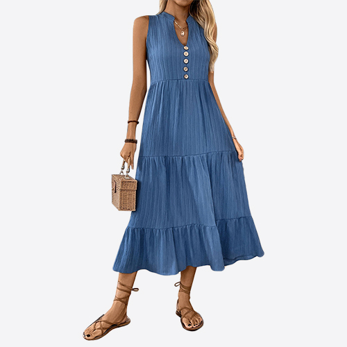 Womens Summer Casual Sleeveless Dress Solid Button Up Maxi Dress Elegant Tiered Flowy Long Dress Boho Midi Dress