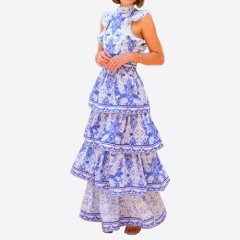 2025 Summer Party Dress Women's Fashion Bohemian Porcelain Printed Sleeveless Cascading Ruffles Elegant Luxury Long