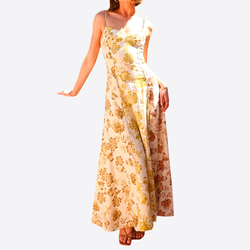 Women's Gold Ganache Pepper Floor Print Sleeveless Backless Dresses
