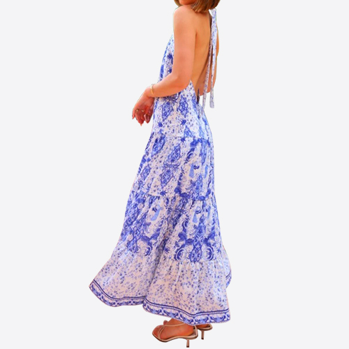 2025 Summer Party Dress Women's Fashion Bohemian Porcelain Printed Sleeveless Cascading Ruffles Elegant Luxury Long