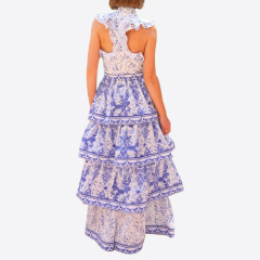 2025 Summer Party Dress Women's Fashion Bohemian Porcelain Printed Sleeveless Cascading Ruffles Elegant Luxury Long