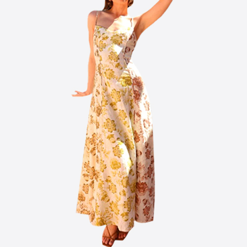 Women's Gold Ganache Pepper Floor Print Sleeveless Backless Dresses