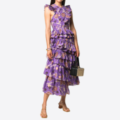 Europe and The United States Modern Casual Summer V-Neck Sleeveless Ruffled Printed Mini Long Dresses