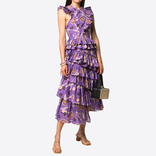Europe and The United States Modern Casual Summer V-Neck Sleeveless Ruffled Printed Mini Long Dresses