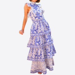 2025 Summer Party Dress Women's Fashion Bohemian Porcelain Printed Sleeveless Cascading Ruffles Elegant Luxury Long