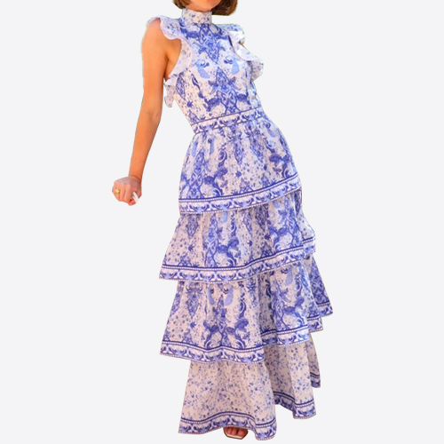 2025 Summer Party Dress Women's Fashion Bohemian Porcelain Printed Sleeveless Cascading Ruffles Elegant Luxury Long