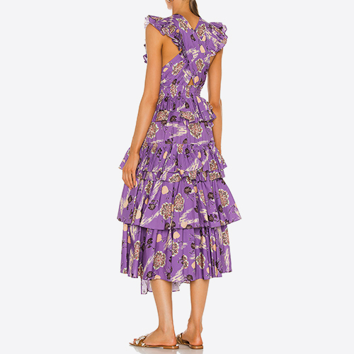 Europe and The United States Modern Casual Summer V-Neck Sleeveless Ruffled Printed Mini Long Dresses