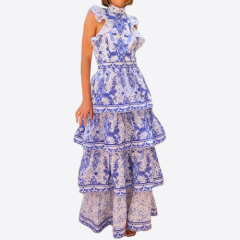 2025 Summer Party Dress Women's Fashion Bohemian Porcelain Printed Sleeveless Cascading Ruffles Elegant Luxury Long