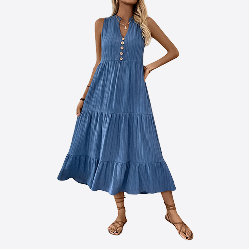 Womens Summer Casual Sleeveless Dress Solid Button Up Maxi Dress Elegant Tiered Flowy Long Dress Boho Midi Dress