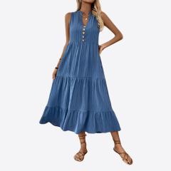 Womens Summer Casual Sleeveless Dress Solid Button Up Maxi Dress Elegant Tiered Flowy Long Dress Boho Midi Dress