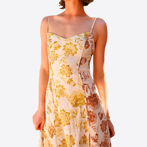 Women's Gold Ganache Pepper Floor Print Sleeveless Backless Dresses