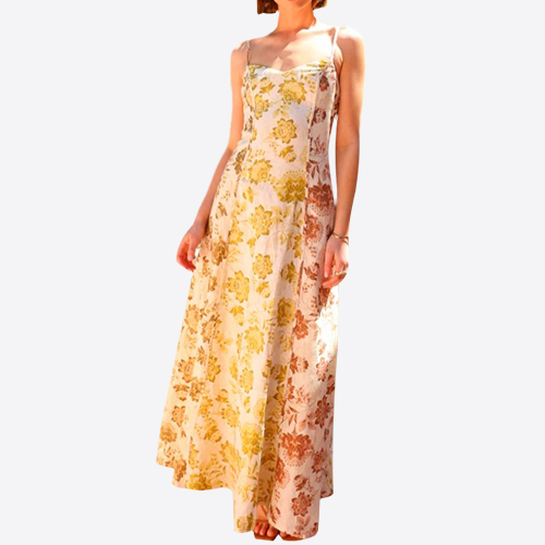 Women's Gold Ganache Pepper Floor Print Sleeveless Backless Dresses