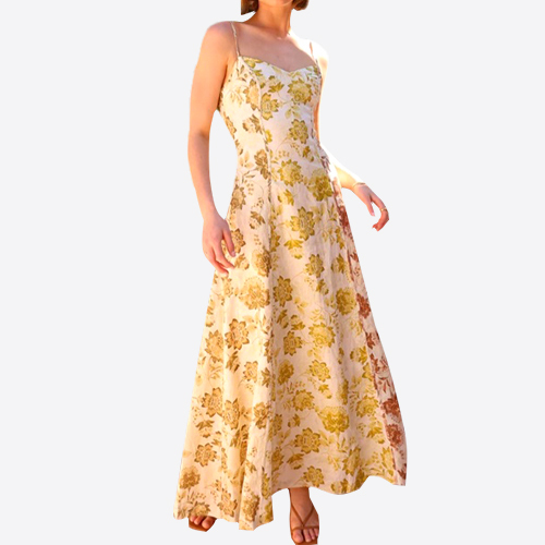 Women's Gold Ganache Pepper Floor Print Sleeveless Backless Dresses